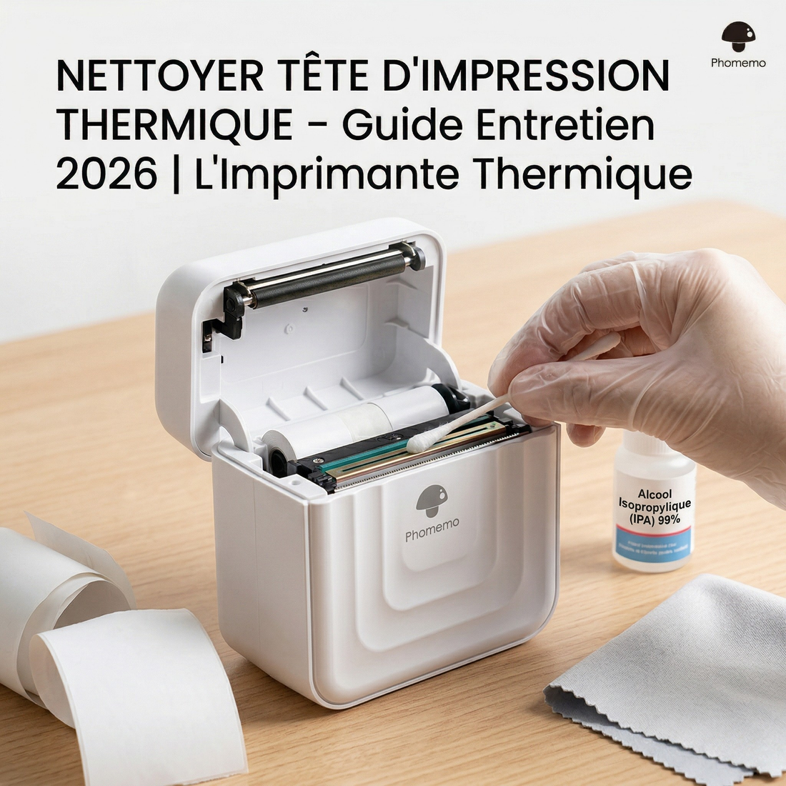 Nettoyage de la tête d'impression d'une imprimante thermique avec un coton-tige et de l'alcool isopropylique