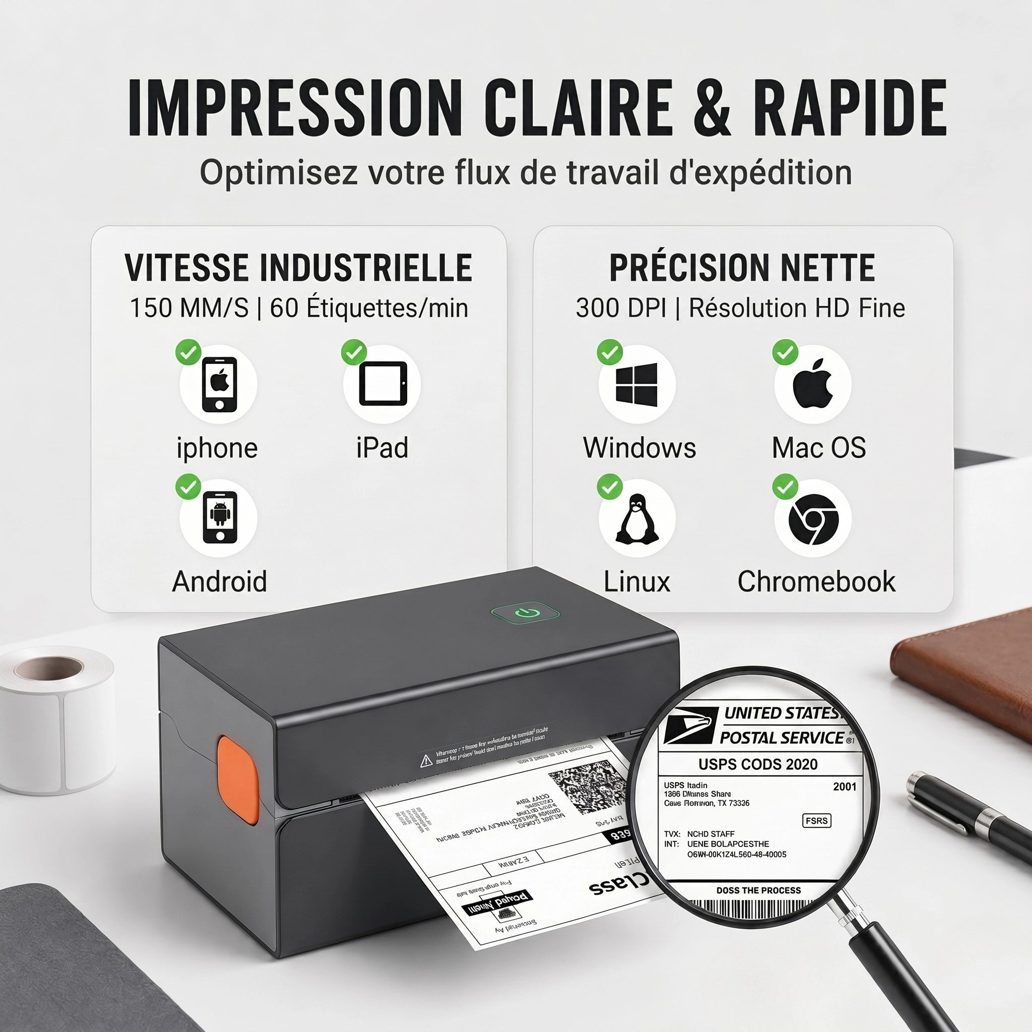 Imprimante Thermique Étiquette- Bluetooth & Sans Encre