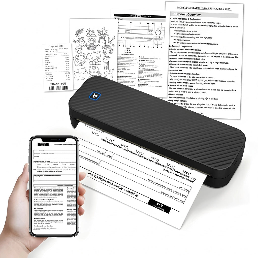 Imprimante thermique portable A4 noire en action, imprimant un formulaire depuis une application sur un smartphone tenu en main. Autour de l'appareil, sur un fond blanc, sont disposés divers exemples d'impressions : un ticket de caisse, des dessins d'animaux et une page de manuel détaillée.
