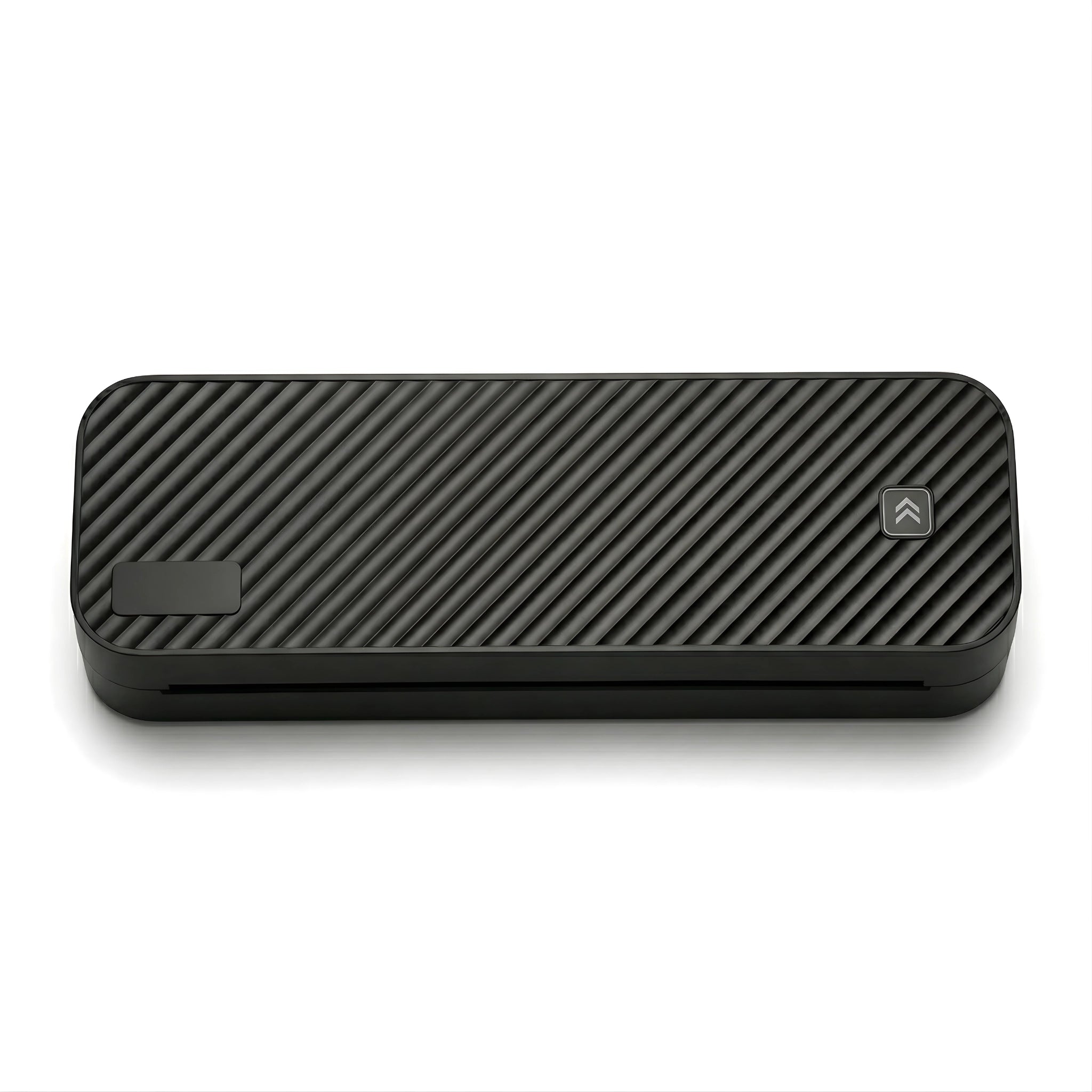 Imprimante thermique portable au format A4 de couleur noire avec un design texturé à rayures obliques, vue de dessus sur fond blanc.