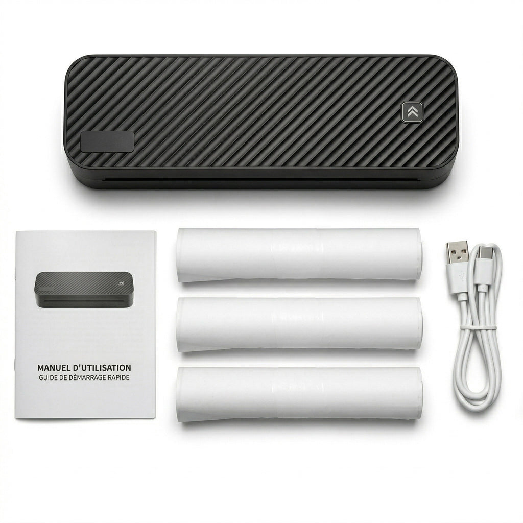 Vue d'ensemble d'une imprimante thermique portable A4 noire sur fond blanc, disposée au-dessus de ses accessoires : un manuel d'utilisation en français, trois rouleaux de papier thermique et un câble USB blanc.